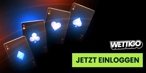 Leuchtende Spielkarten mit vier Symbolen und grünem Login Button auf dunklem Hintergrund