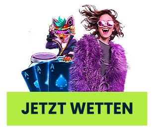 Frau in auffälligem Outfit neben Spielkarten und animierter DJ Figur