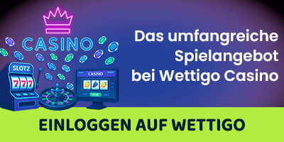 Farbenfrohes Banner mit Spielautomaten und Bonuschips für das umfangreiche Angebot bei Wettigo Casino
