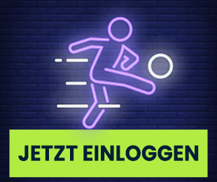 Neon Illustration eines Fußballspielers mit Bewegungslinien und grünem Login Hinweis