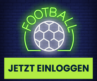 Leuchtendes Fußballsymbol mit Login Aufruf auf dunkler Backsteinwand